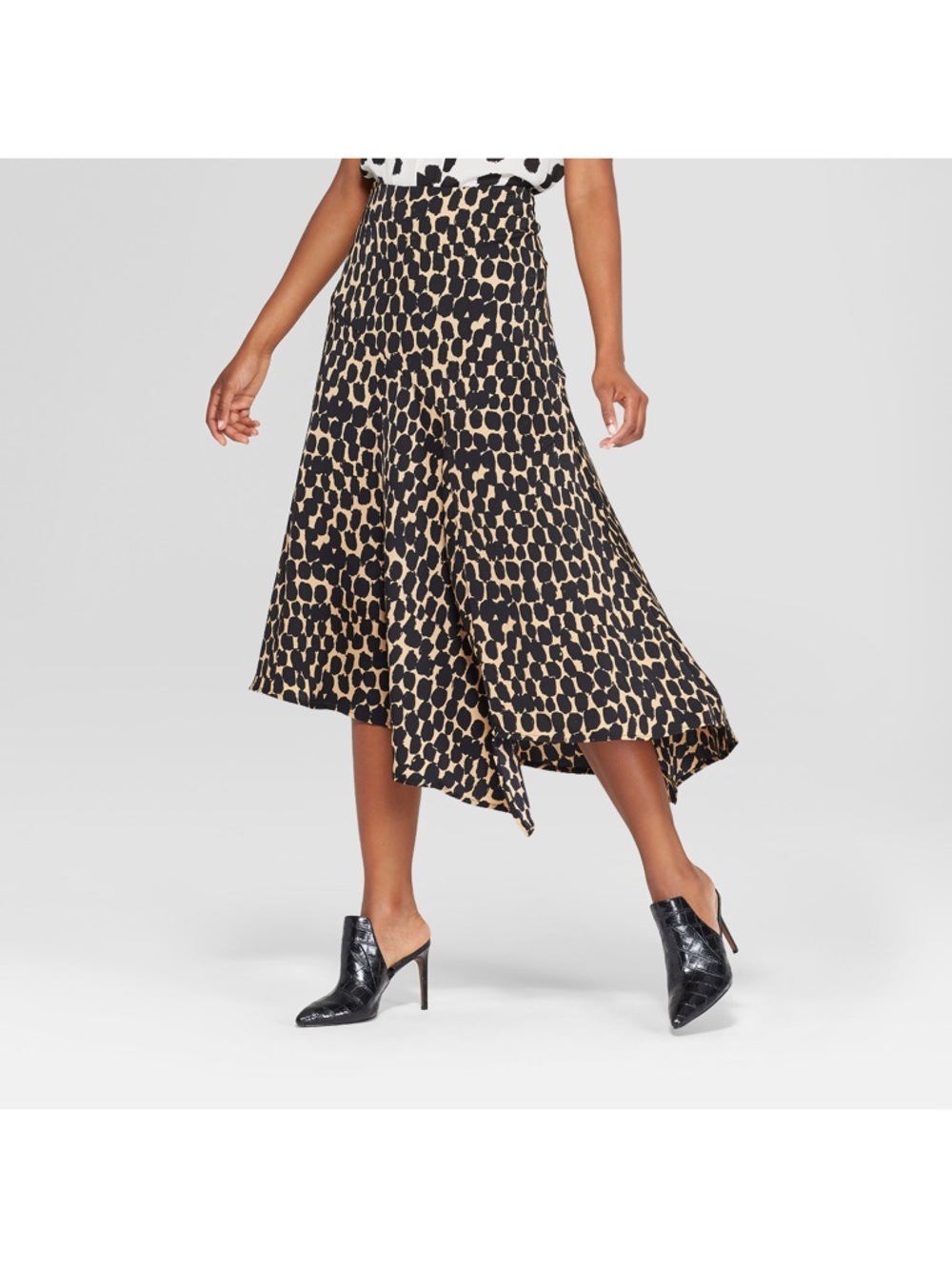 Who What Wear Black and Tan Asymmetrical Printed Midi Skirt